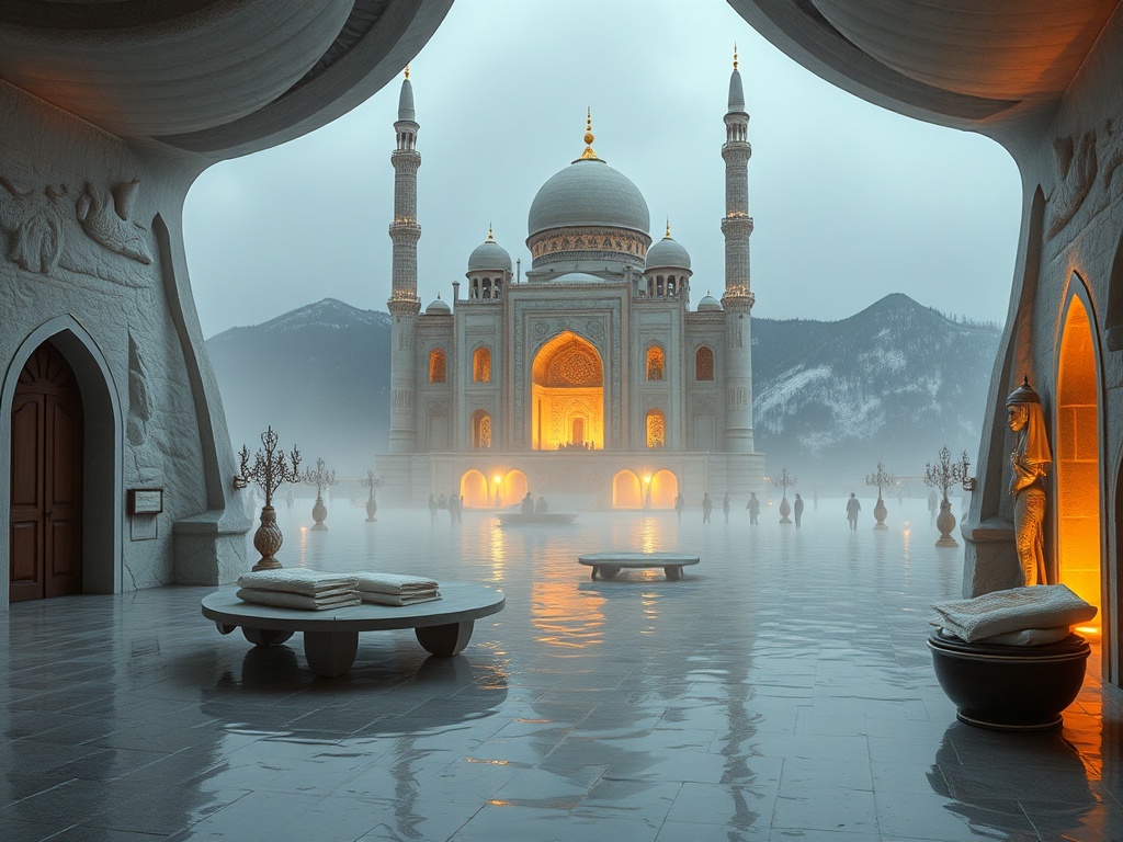 Вид на великолепное сооружение с минаретами, утопающее в тумане, с ярким освещением и спокойной атмосферой.