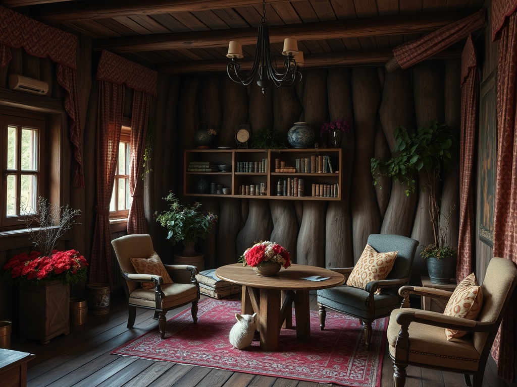 Уютная комната с деревянными стенами, мебелью и растениями, оформленная в тёплых тонах.