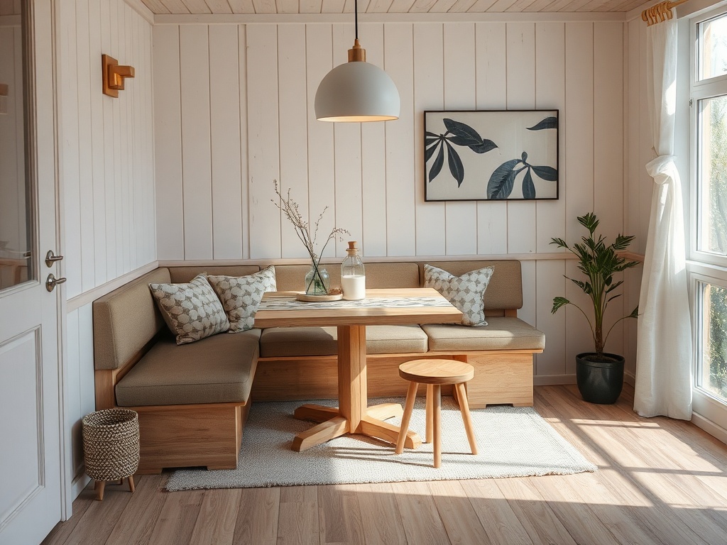 Светлая комната с угловым диваном, столом, стульчиком и растением у окна, оформленная в современном стиле.