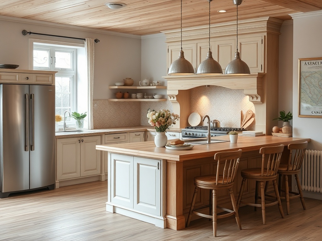 Современная кухня с деревянными элементами, светлыми тонами и удобным островом для приготовления пищи.