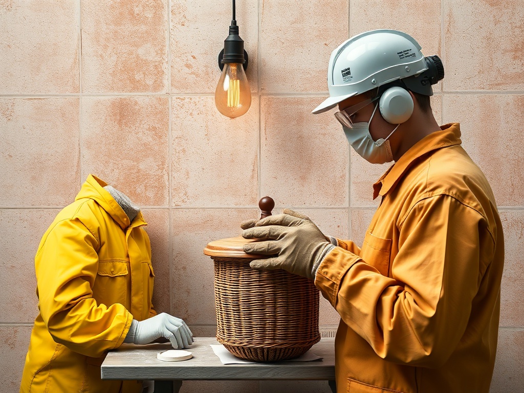 Два рабочих в защитной одежде занимаются корзиной на столе под лампой. Один из них без головы.