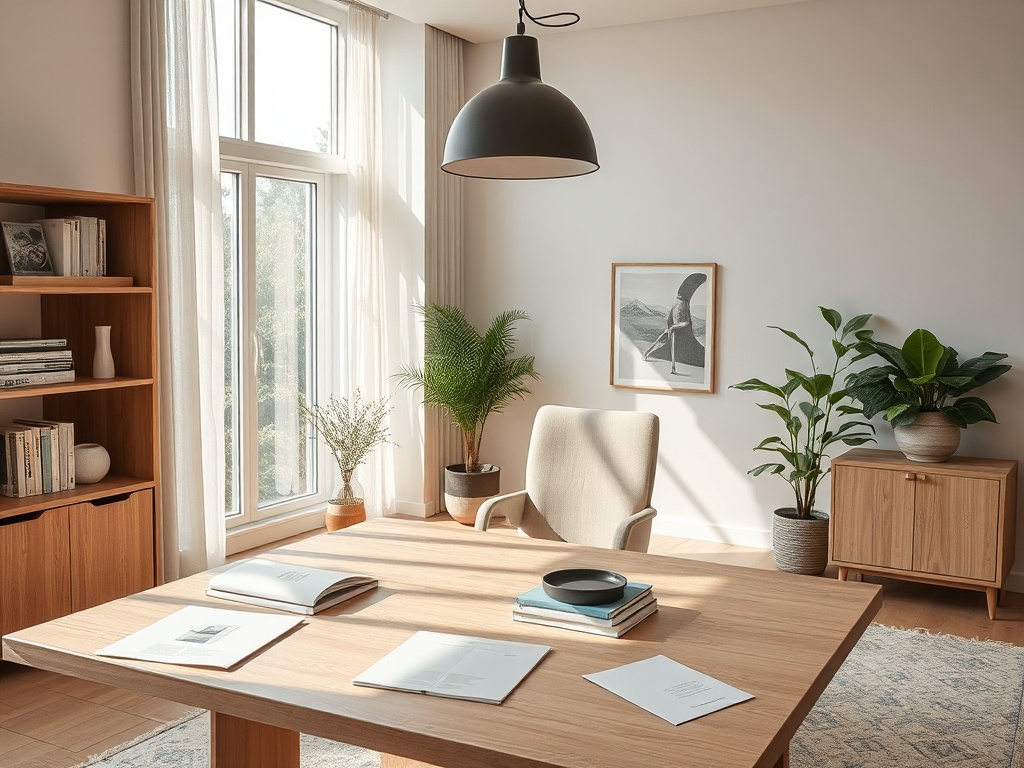 Современный офис с деревянным столом, растениями и светлыми окнами, создающий уютную атмосферу.