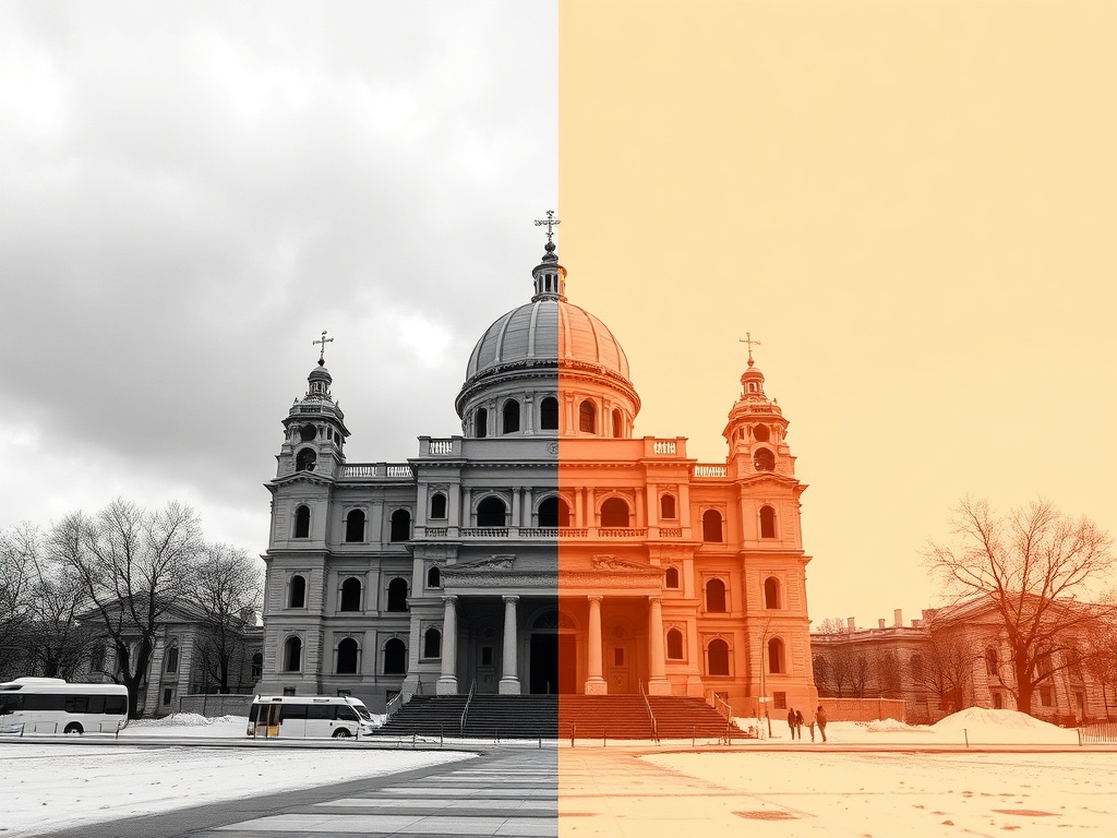 Архитектурное здание с куполом, разделенное пополам на черно-белую и оранжевую части, окружено снежным пейзажем.