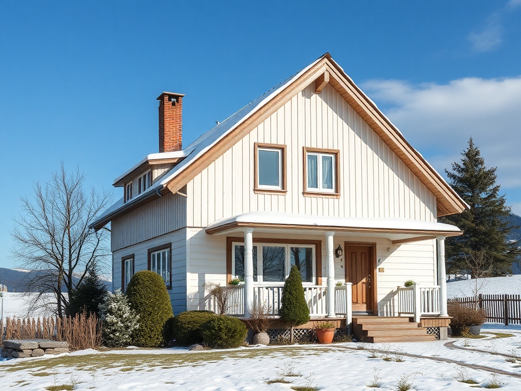 Современный загородный дом с белой обшивкой, окруженный снегом и зелеными растениями на фоне ясного неба.