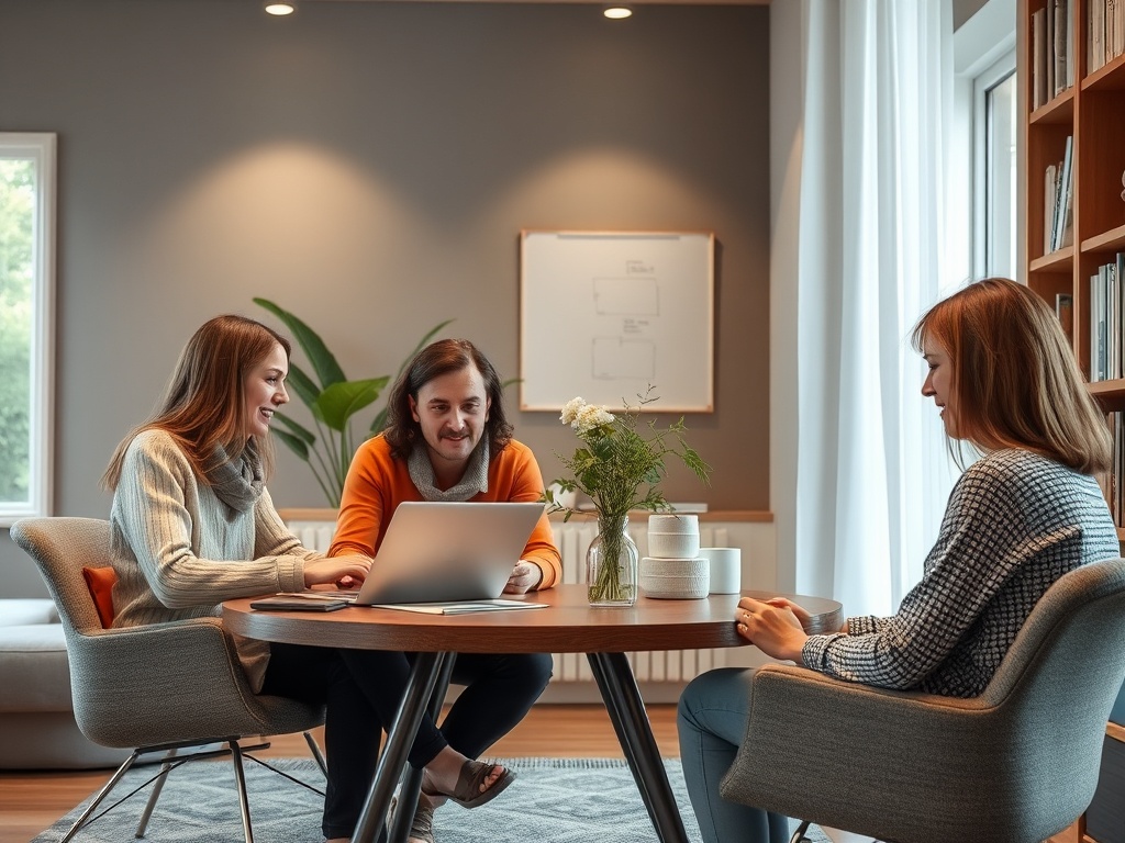 Трое людей, сидя за круглым столом, обсуждают что-то на ноутбуке в уютном офисе.