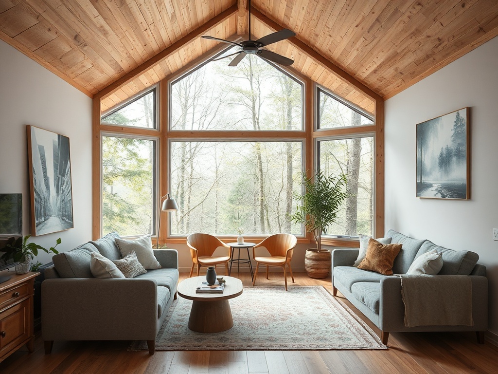 Современная гостиная с большими окнами, светильником и уютной мебелью, оформленная в нейтральных тонах.