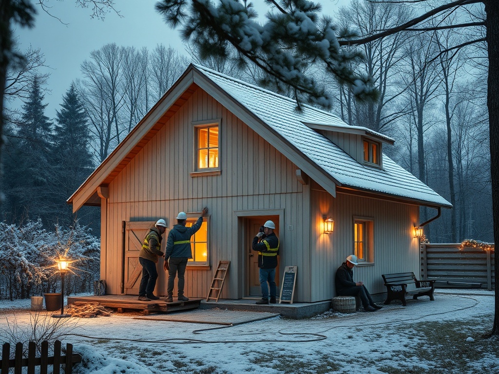 На закате работники обсуждают конструкцию нового дома в снежном лесу. Уютные окна светятся в темноте.