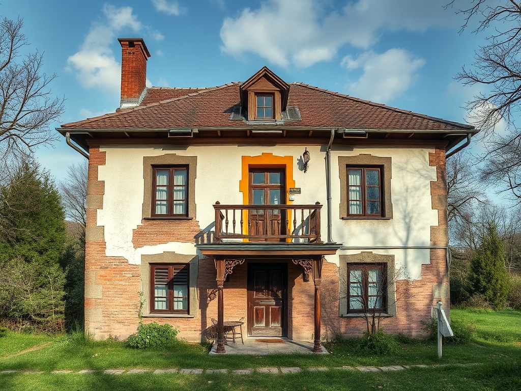 Двухэтажный дом с крышей, деревянным балконом и зелёным садом, окружённый деревьями. ясное небо.