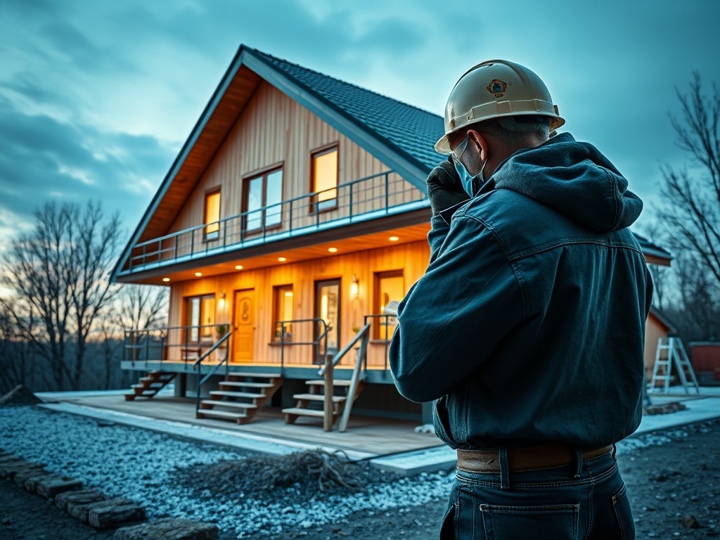 Строитель в каске и маске смотрит на новый дом под вечерним небом. Освещённый фасад дома.