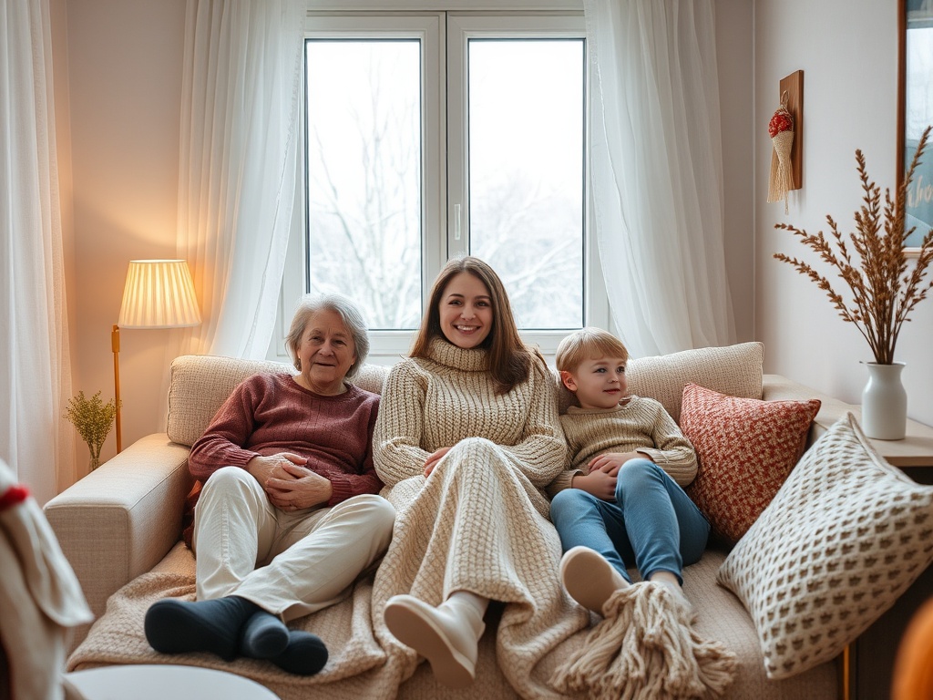 Три человека сидят на диване в уютной комнате: бабушка, мама и ребёнок, улыбаются у окна.