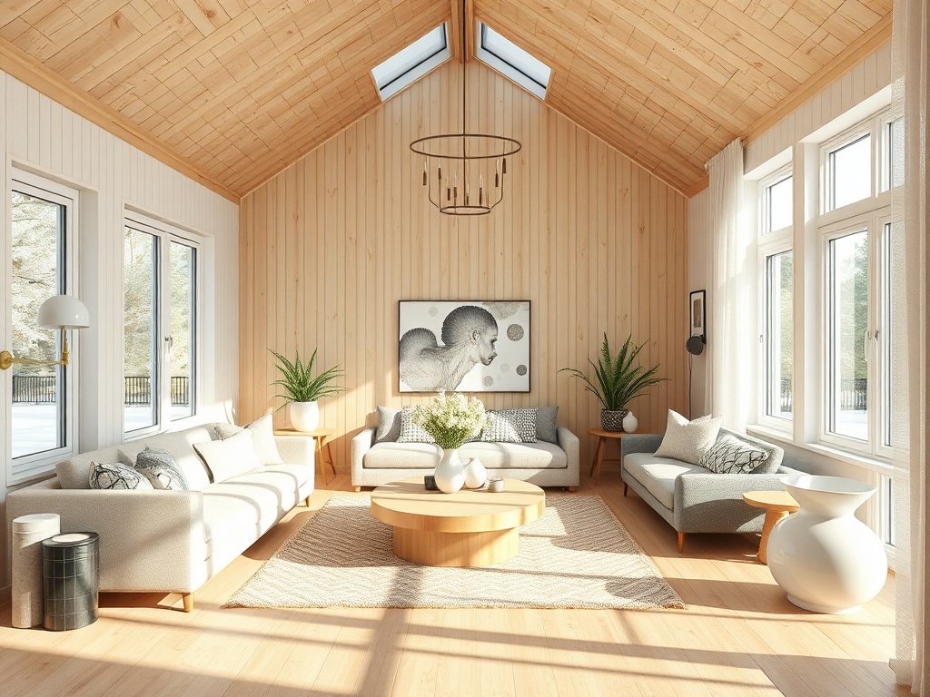 Современный интерьер гостиной с большими окнами, светлой деревянной отделкой и мягкой мебелью.