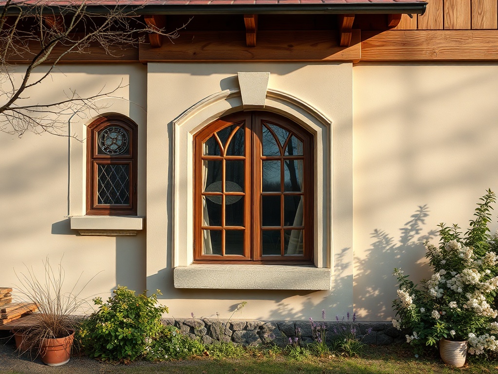 Окна дома с деревянными рамами и декоративными элементами, окруженные растениями и цветами.