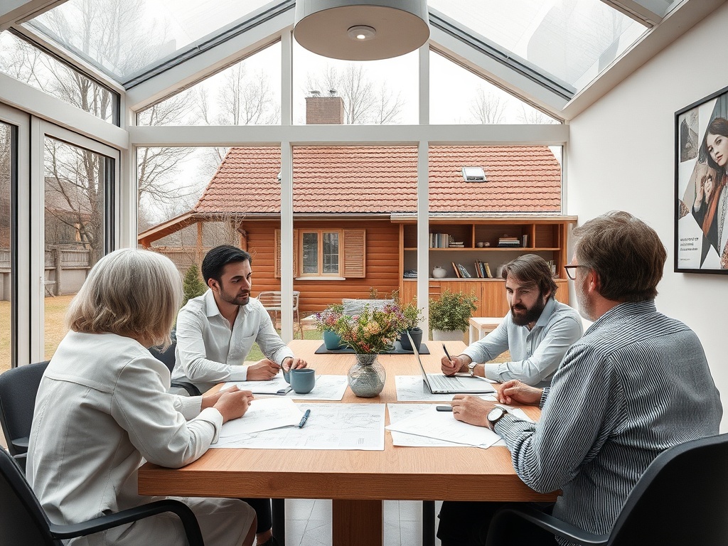 Четыре человека на встрече в светлом помещении с панорамными окнами, обсуждают проекты и идеи.