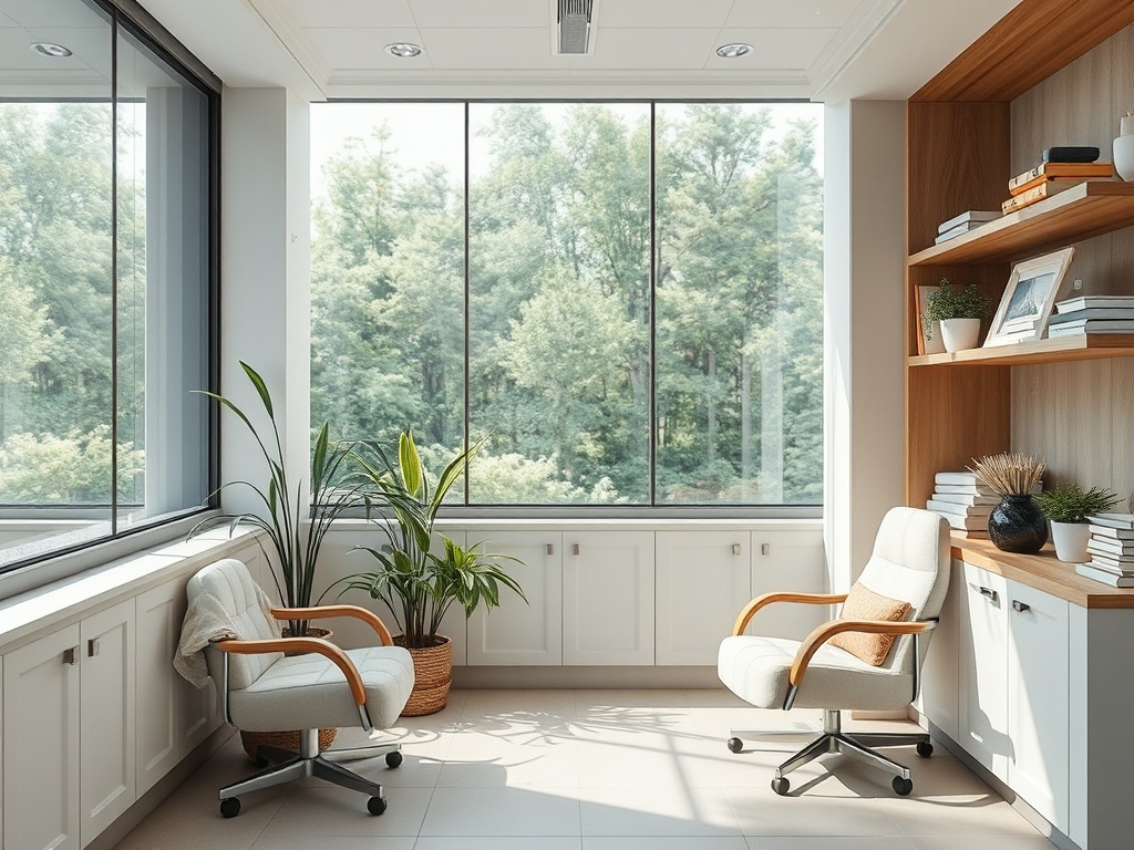 Светлая комната с большими окнами, двумя креслами и зелеными растениями, радует видом на природу.