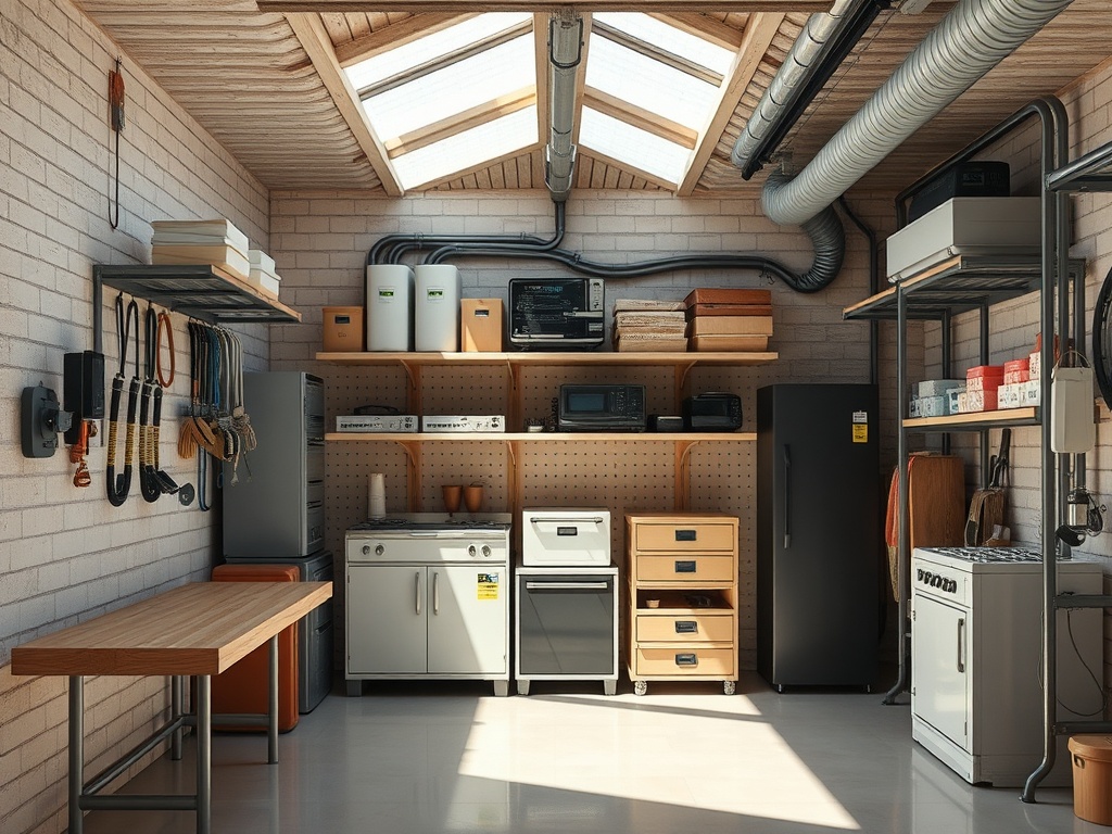 Современная кухня с электрическими приборами, полками и рабочей поверхностью. Свет в помещении проникает через крышу.