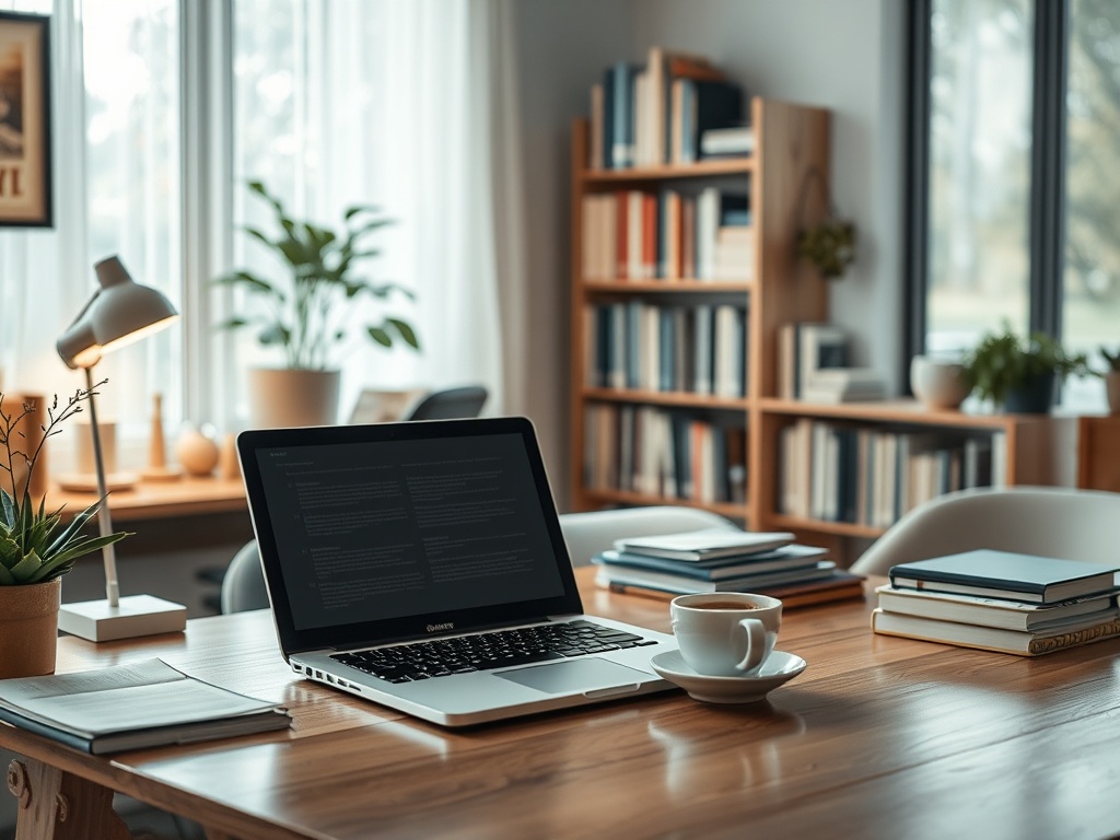Современный офис с ноутбуком, чашкой кофе и книгами на столе, много света и зелени.
