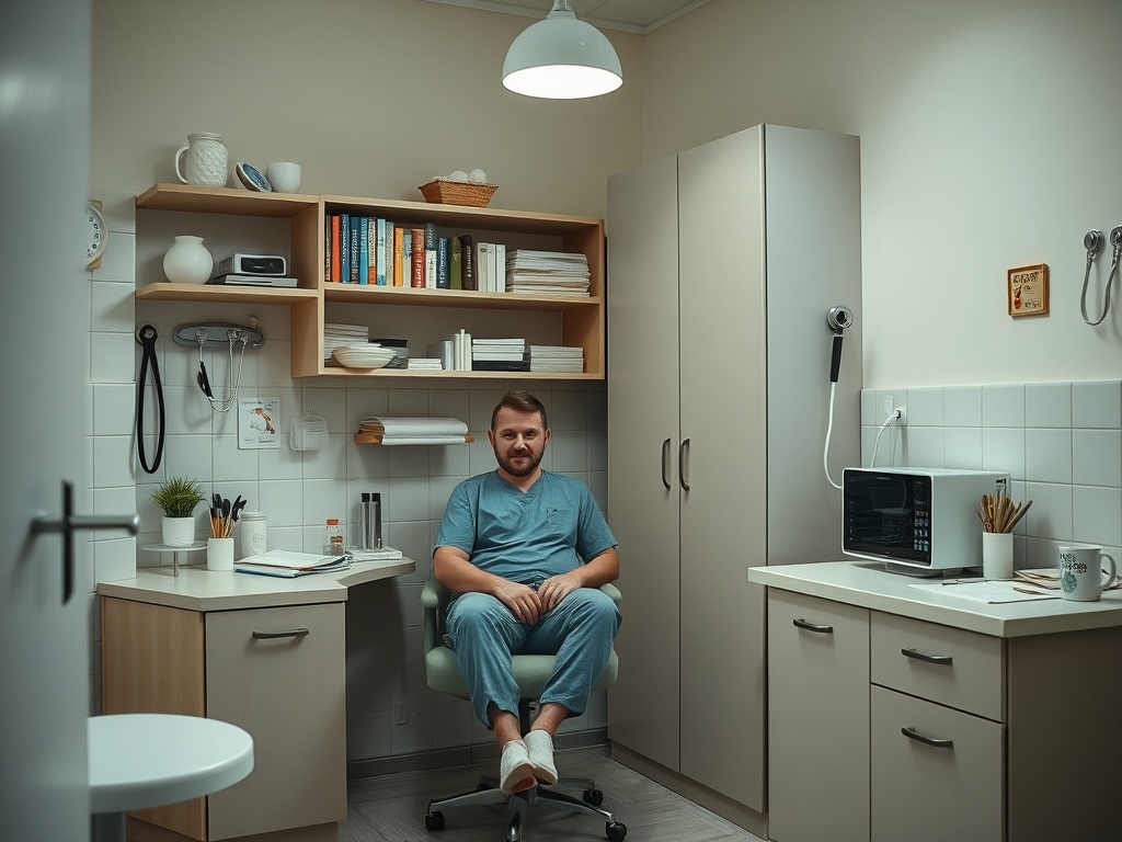 Мужчина в медицинском кабинете, сидит на стуле, окружённый мебелью и медицинскими принадлежностями.