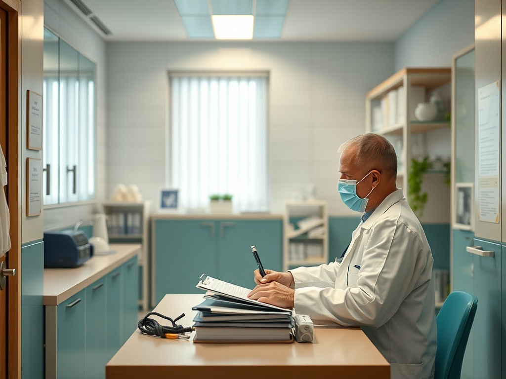 Врач в белом халате и маске сидит за столом в медицинском кабинете, записывая информацию.