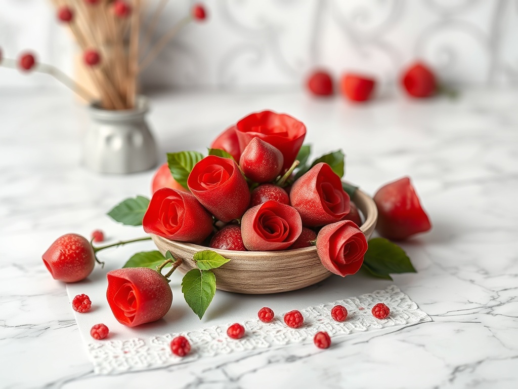 На фотографии — композиция из красивых красных цветов в деревянной тарелке на мраморной поверхности.