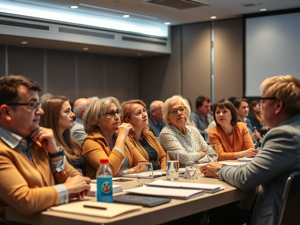 Группа людей в деловой обстановке слушает лекцию на семинаре, обсуждая важные вопросы.