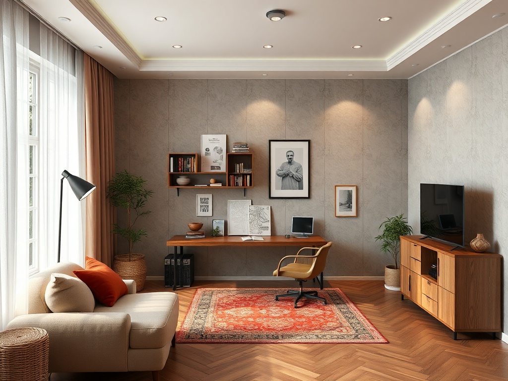 Современный домашний офис с уютной мебелью, письменным столом и телевизором на фоне светлых стен.