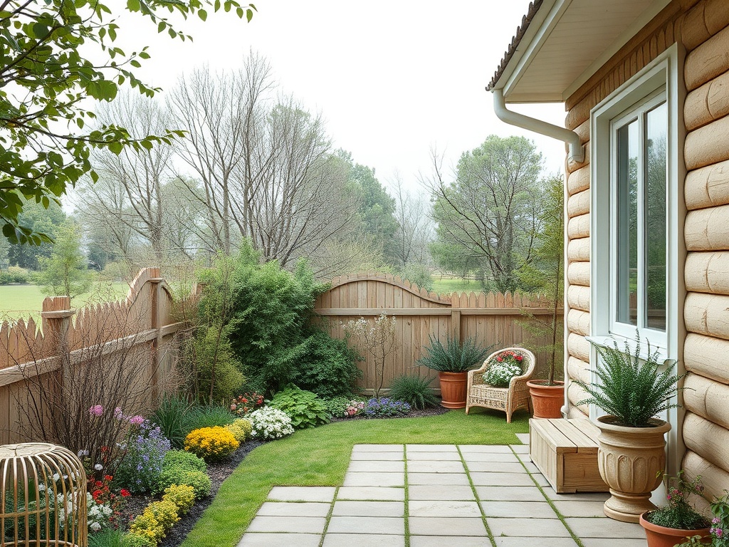 Уютный дворик с цветами, газоном и деревянным забором, рядом с домом. Спокойная атмосфера природы.