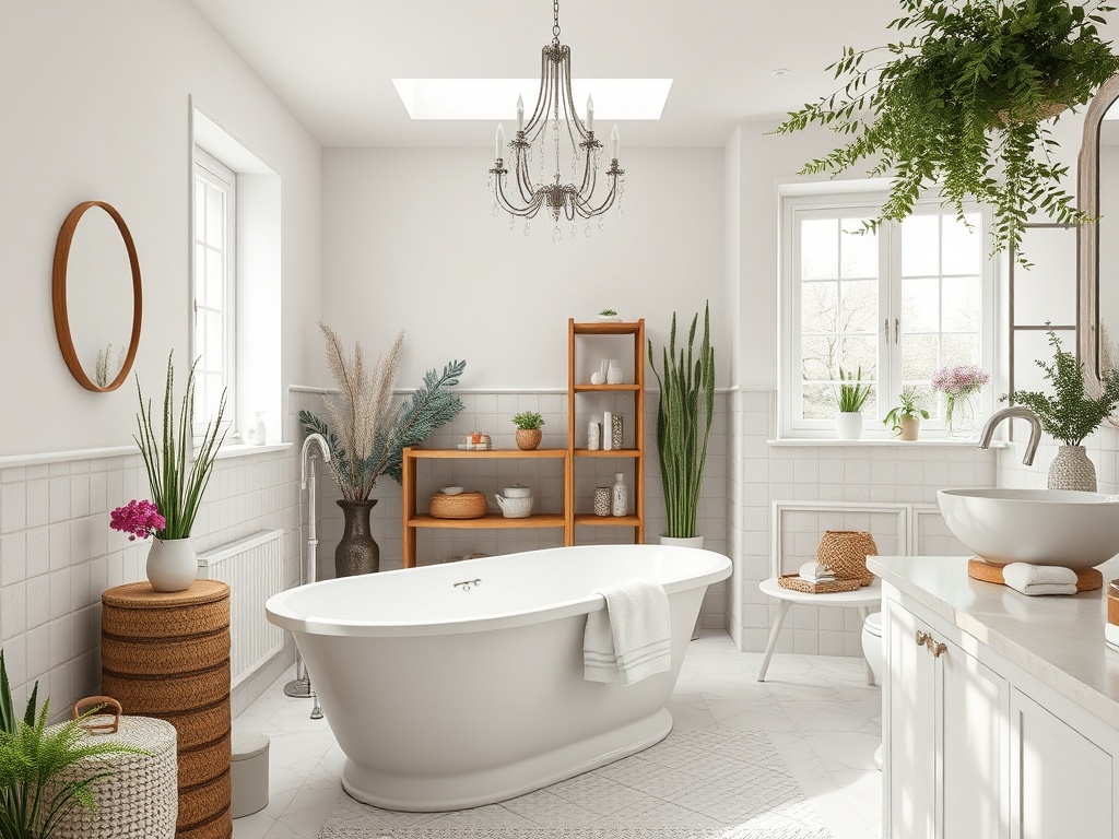 Современная ванная комната с белой ванной, растениями и элегантными аксессуарами на светлом фоне.
