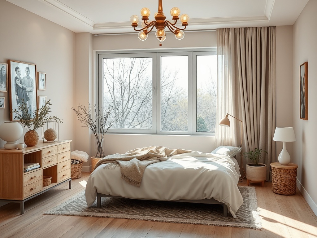 Современная спальня с большим окном, светлым интерьером и уютной атмосферой. Мягкая постель и стильная мебель.