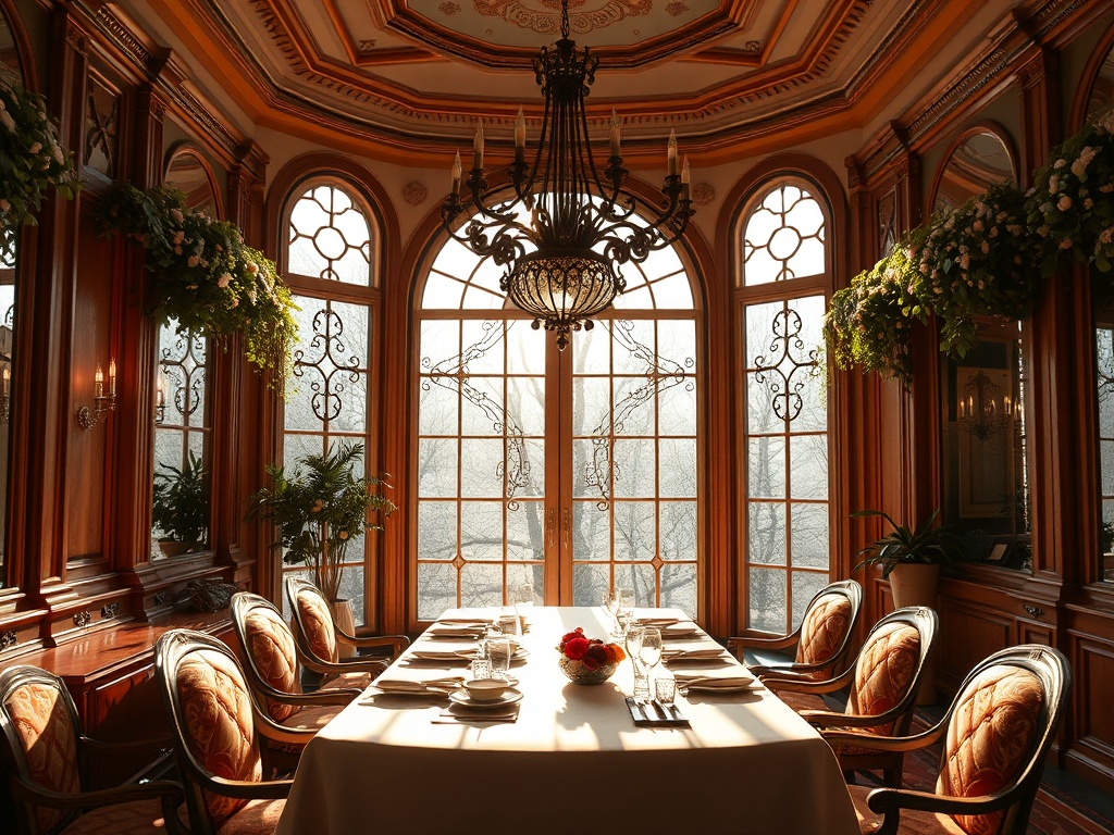 Элегантный стол в ресторане, окружённый окнами, пропускающими солнечный свет и красиво оформленными растениями.