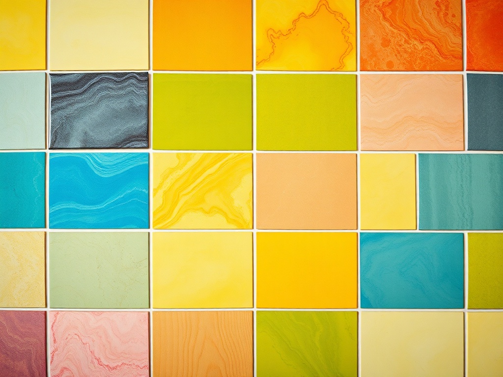 Образец цветных плиток, различных оттенков и текстур, расположенных в сетке.