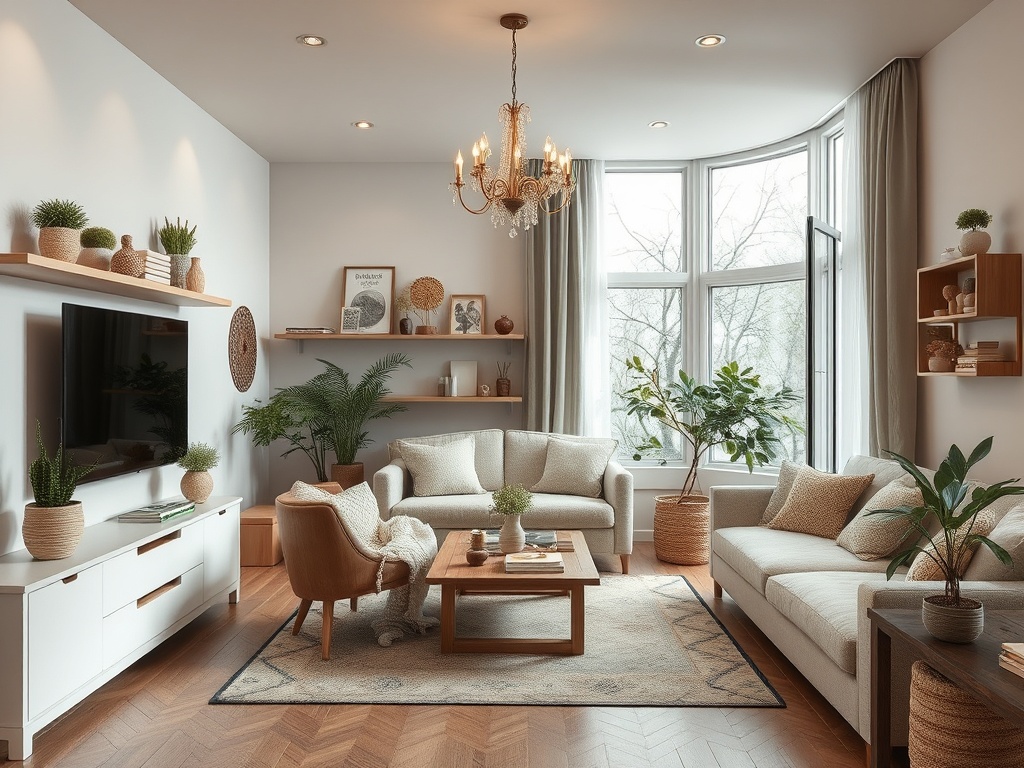 Светлая гостиная с уютной мебелью, зелеными растениями и большими окнами, пропускающими естественный свет.