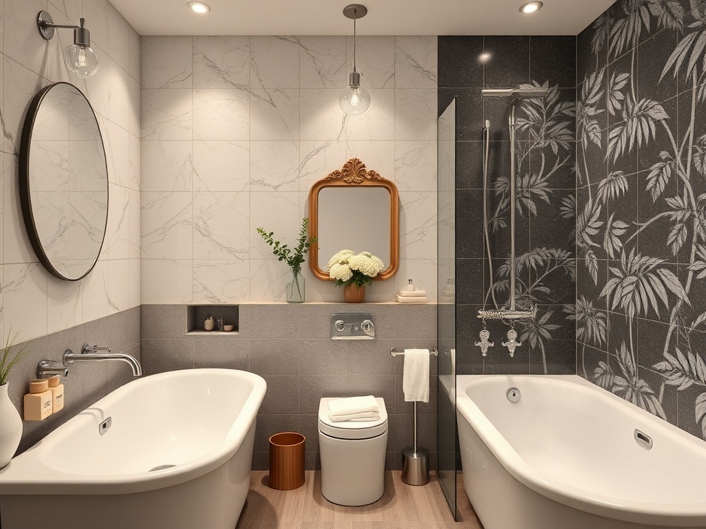 Современная ванная комната с белыми ваннами, зеркалом и отделкой с растительным узором.