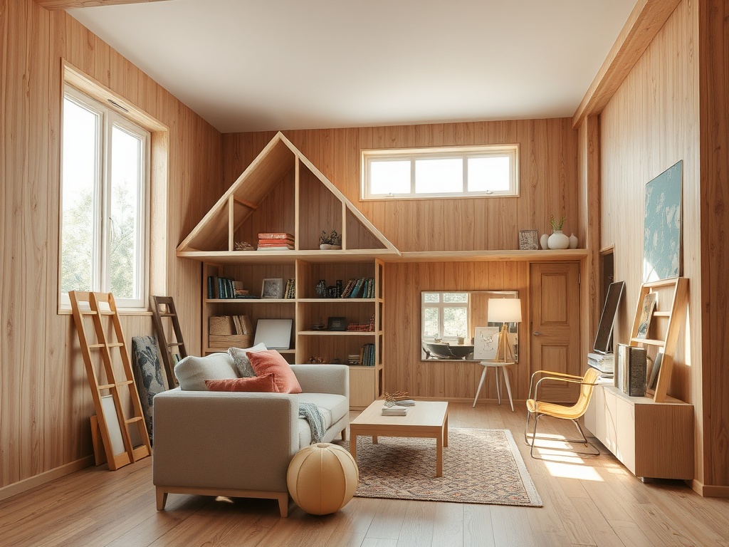 Светлая комната с деревянными стенами, уютный диван, необычные книжные полки и современная мебель.