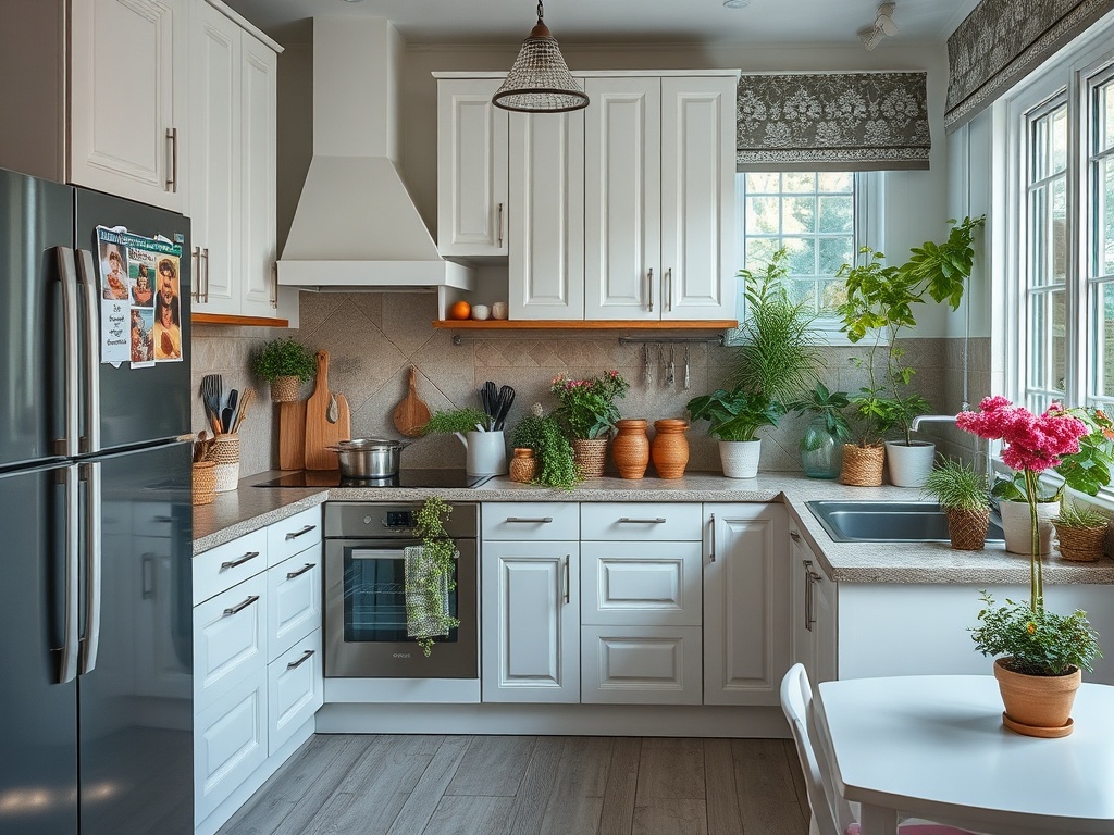 Светлая кухня с зелеными растениями, белыми шкафчиками и современной техникой. Уютная атмосфера и природные детали.