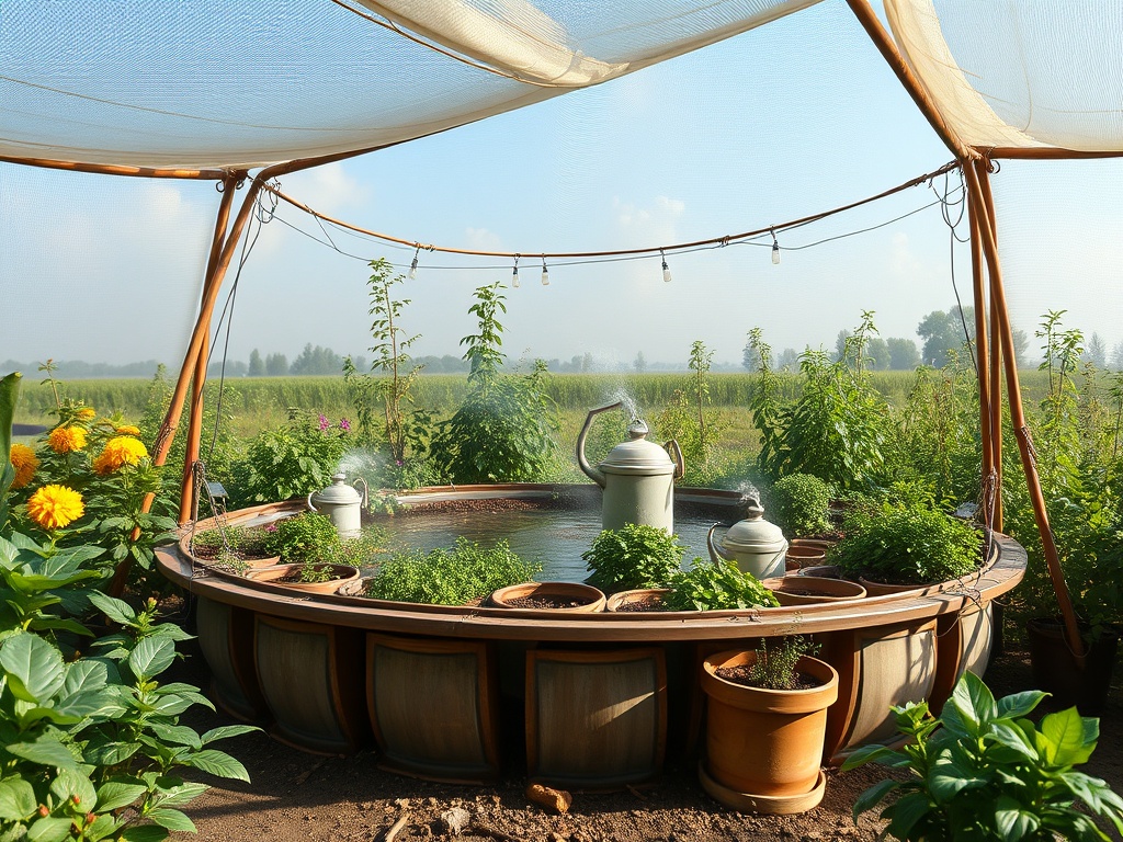 Уютный сад с круглым фонтаном, украшенный зелеными растениями и яркими цветами под сетчатым навесом.