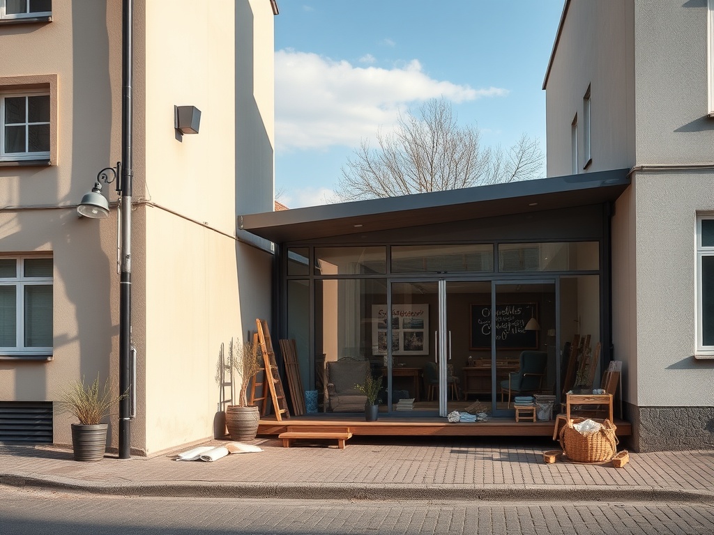 Современное здание с открытой стеклянной верандой и деревяными элементами оформления. Приятный солнечный день.