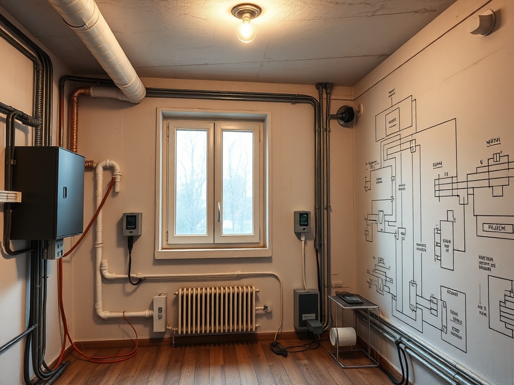 Комната с трубами и электрическим оборудованием, на стене — схема систем коммуникаций. Окно выходит на улицу.
