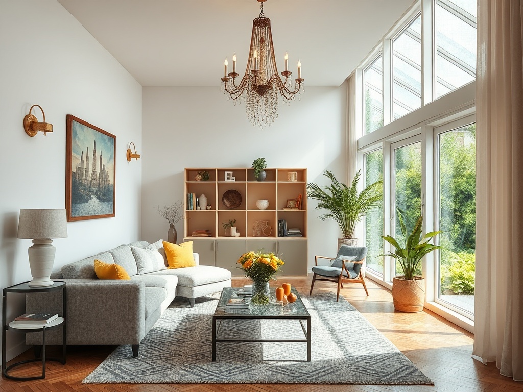 Светлая гостиная с большими окнами, уютной мебелью и зелеными растениями. Атмосфера комфорта и стиля.