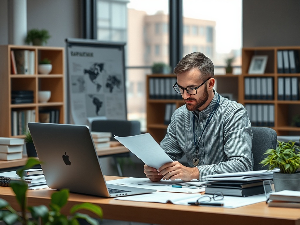 Мужчина в офисе читает документы, работает за столом с ноутбуком и книгами на фоне.
