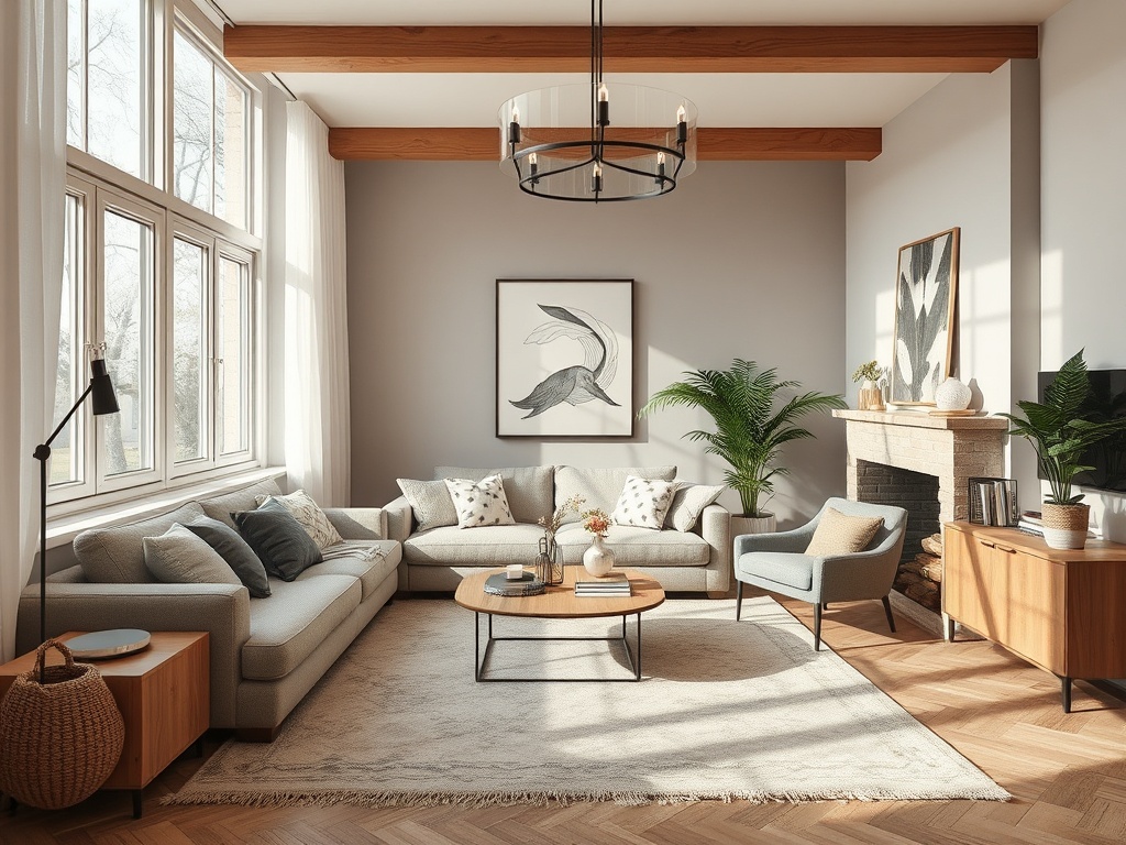 Светлая гостиная с мягкой мебелью, зелеными растениями и элегантным декором на стенах.