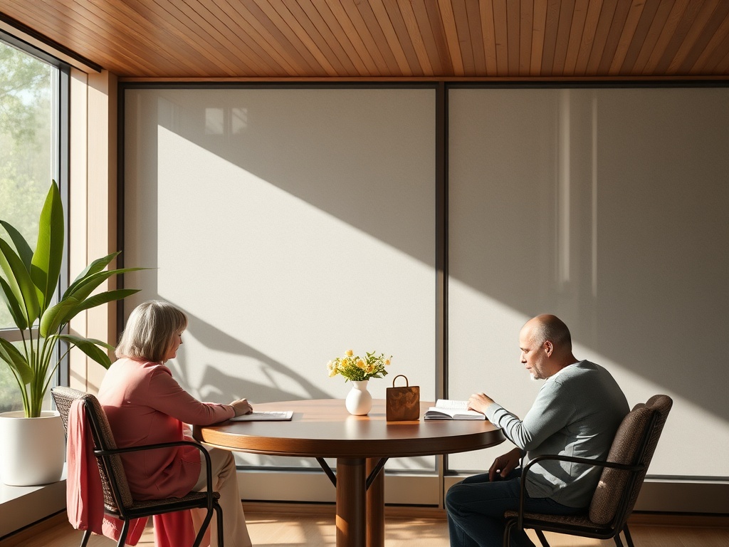 Два человека сидят за круглым столом, работает солнечный свет, рядом зелёные растения и цветы.