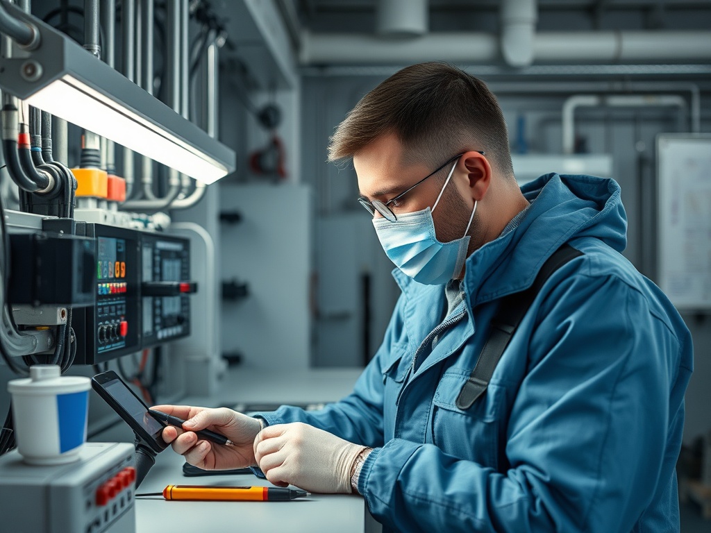 Работник в маске, использующий смартфон, стоит перед панелью управления в техническом помещении.