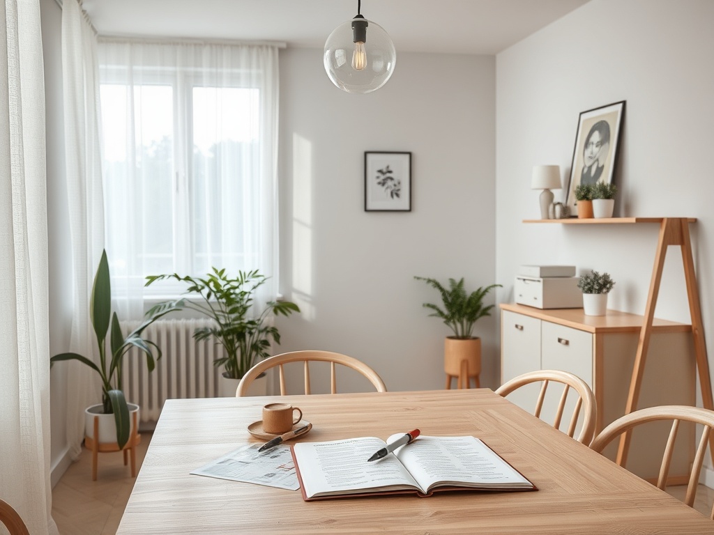 Светлая квартира с деревянным столом, книгой, чашкой кофе и растениями на фоне окна.